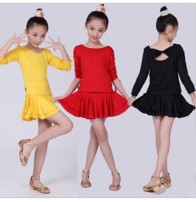 Black red yellow blue long sleeves spandex cotton girls kids children school play gymnastics practice competition performance latin salsa dance dresses outfits